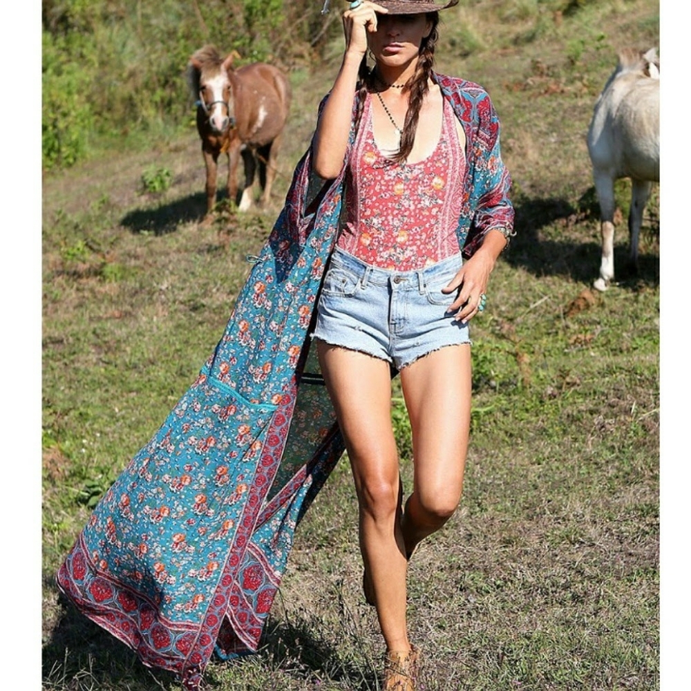 Jamawar Rose Boho Kimono Floral Gypsy Maxi O/S Tulle & Batiste